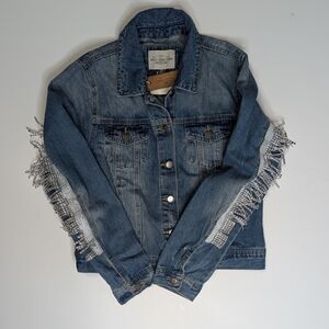 Ashley Vintage Charm Denim Jacket with Fringe and Rhinestones. Size Large.NWT